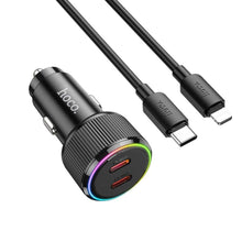 Заредете изображение във визуализатора на галерията – HOCO car charger 2 x Type C QC PD 50W + cable Type C to Lightning NZ14B black
