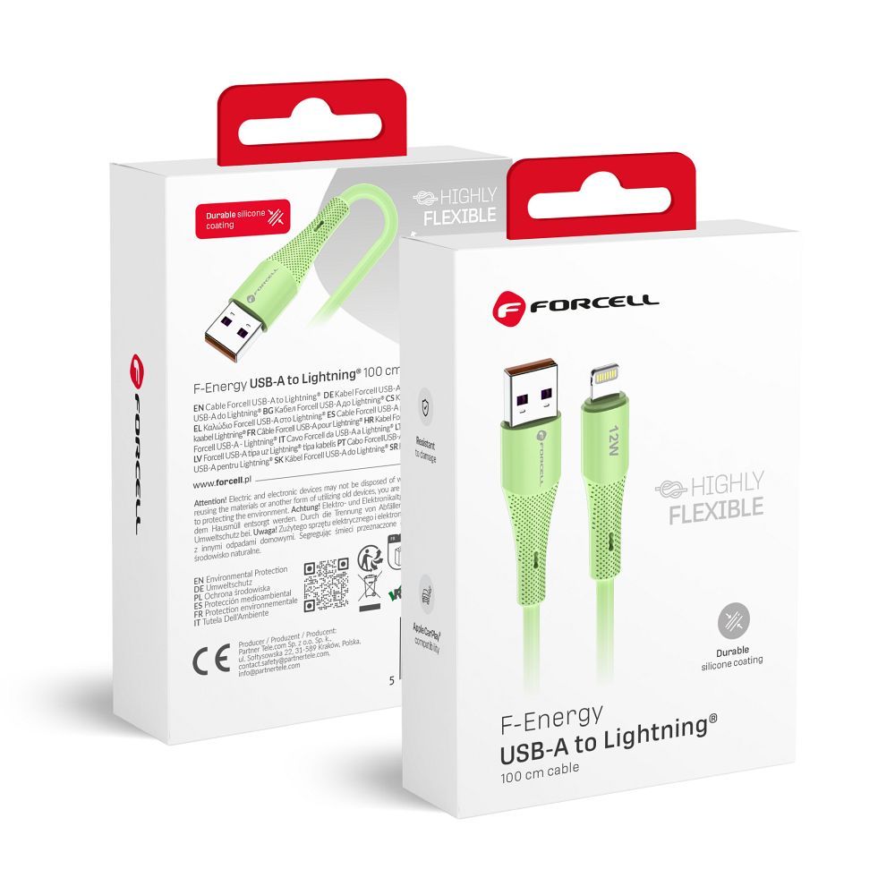 FORCELL F-ENERGY C343 cable USB A to Lightning 2,4A 12W Silicone 1 m green
