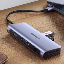 Заредете изображение във визуализатора на галерията – Ugreen CM179 9in1 USB-C - 3x USB-A 3.0 / HDMI / VGA / RJ45 / TF / SD card reader / USB-C adapter - gray

