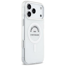 Заредете изображение във визуализатора на галерията – KARL LAGERFELD case for IPHONE 17 Pro Max compatible with MagSafe KLHMP17XHKRSGPT (IML Karl RSG Logo) transparent
