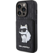 Заредете изображение във визуализатора на галерията – Karl Lagerfeld Saffiano Cardslots and Stand Monogram Choupette Case for iPhone 15 Pro - Black
