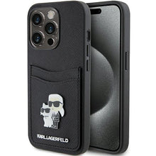 Заредете изображение във визуализатора на галерията – Karl Lagerfeld Saffiano Cardslot Karl&amp;Choupette Metal Pin case for iPhone 15 Pro - black
