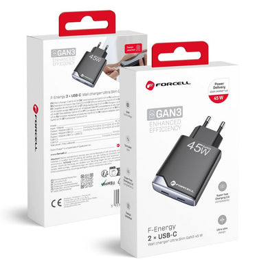 FORCELL F-ENERGY GaN III B245201(2C) Ultra Slim travel charger 2 x Type C + USB A PD QC4.0 3A 45W black