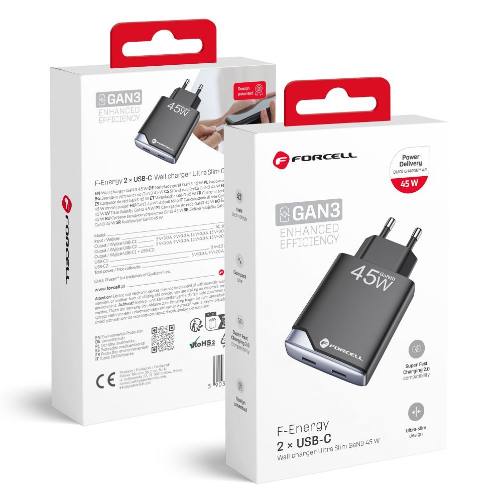 FORCELL F-ENERGY GaN III B245201(2C) Ultra Slim travel charger 2 x Type C + USB A PD QC4.0 3A 45W black