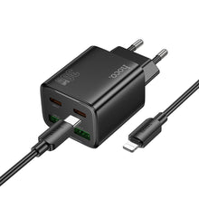 Заредете изображение във визуализатора на галерията – HOCO charger 2 x Type C + 2 x USB A + cable Type C to Lightning PD QC3.0 3A 30W N56 black
