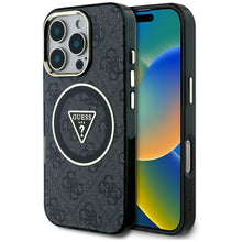 Заредете изображение във визуализатора на галерията – GUESS case for IPHONE 16 Pro compatible with MagSafe GUHMP16LHG4PRTGK (IML Metal Glitter 4G Circle Triangle) black
