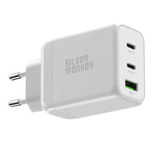 Заредете изображение във визуализатора на галерията – Silver Monkey GaN 65W wall charger 2x USB-C PD 1x USB-A QC 3.0 - white
