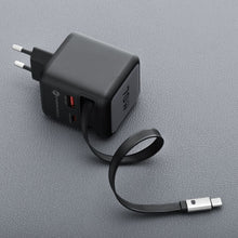 Заредете изображение във визуализатора на галерията – FORCELL F-ENERGY GaN III VT-R7 travel charger with retractable cable Type C and 1x Type C, 1x USB A charging ports PD QC4.0 3A 70W gray
