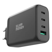Заредете изображение във визуализатора на галерията – Silver Monkey GaN 130W wall charger 3x USB-C PD 1x USB-A 3.0 QC - black
