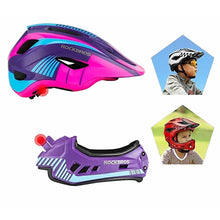 Заредете изображение във визуализатора на галерията – Rockbros TT-32SBPP-M children's bicycle helmet with removable chinbar, size M - purple-pink
