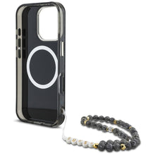 Заредете изображение във визуализатора на галерията – GUESS case for IPHONE 16 Pro compatible with MagSafe GUHMP16LHPCTPLSK (IML Palm Trees Triangle W/ Pearl Strap) black
