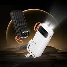 Заредете изображение във визуализатора на галерията – Powerbank Hoco 20000 mAh 2A with built-in cables USB A + USB C+ Lightning + Micro USB and double light J151A black
