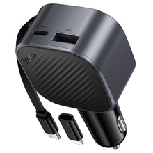 Заредете изображение във визуализатора на галерията – Car charger Hoco USB A + USB C PD QC3.0 45W with retractable cable USB C Z68 black
