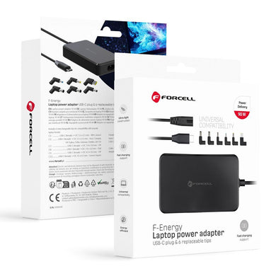 FORCELL F-ENERGY E856 uniwersal laptop charger 90W (6 adaptors) - czarny