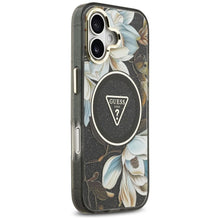 Заредете изображение във визуализатора на галерията – GUESS case for IPHONE 17 compatible with MagSafe GUHMP17SHFLPEDK (IML Metal Glitter Flowers Triangle) black
