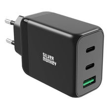 Заредете изображение във визуализатора на галерията – Silver Monkey GaN 65W wall charger 2x USB-C PD 1x USB-A QC 3.0 - black

