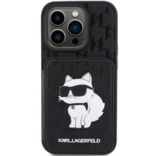 Заредете изображение във визуализатора на галерията – Karl Lagerfeld Saffiano Cardslots and Stand Monogram Choupette Case for iPhone 15 Pro - Black
