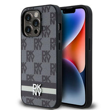 Заредете изображение във визуализатора на галерията – Original Case DKNY hardcase Leather Checkered Mono Pattern &amp; Printed Stripes DKHCP14LPCPTSSK for Iphone 14 Pro black
