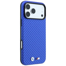 Заредете изображение във визуализатора на галерията – BMW case for IPHONE 18 Pro/17 Pro compatible with MagSafe (Carbon Metal Logo) blue 
