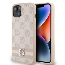 Заредете изображение във визуализатора на галерията – Original Case DKNY hardcase Leather Checkered Mono Pattern &amp; Printed Stripes DKHCP14SPCPTSSP for Iphone 14/15/13 pink
