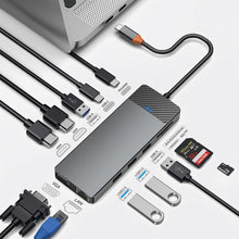 Заредете изображение във визуализатора на галерията – WiWU - HUB 12in1 pro USB3.0x2+USB2.0x2+PD(100W)+USB-C(3.0)+SD/TF(2.0)+HDMIx2(4K30HZ)+VGA (1080P)+LAN (Gigabit)
