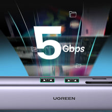 Заредете изображение във визуализатора на галерията – Ugreen CM512 90568 USB-C adapter - 2x USB-A 3.0 / HDMI / RJ45 / SD and TF card reader / USB-C PD 100W - gray
