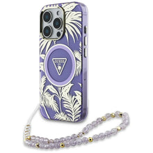 Заредете изображение във визуализатора на галерията – GUESS case for IPHONE 16 Pro compatible with MagSafe GUHMP16LHPCTPLSU (IML Palm Trees Triangle W/ Pearl Strap) purple
