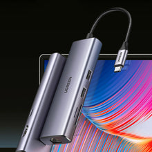 Заредете изображение във визуализатора на галерията – Ugreen CM512 90568 USB-C adapter - 2x USB-A 3.0 / HDMI / RJ45 / SD and TF card reader / USB-C PD 100W - gray
