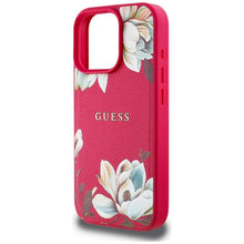 Заредете изображение във визуализатора на галерията – GUESS case for IPHONE 16 Pro Max compatible with MagSafe GUHMP16XPGNMPLMF (PU Grained Flowers Classic Logo) fuschia
