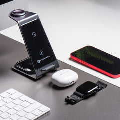 Алуминиево безжично зарядно Forcell F-Energy 3in1 Simply Charge за Apple Watch и Samsung Watch - сиво