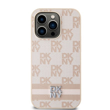 Заредете изображение във визуализатора на галерията – Original Case DKNY hardcase Leather Checkered Mono Pattern &amp; Printed Stripes DKHCP14LPCPTSSP for Iphone 14 Pro pink
