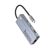 Заредете изображение във визуализатора на галерията – Adapter HUB 8w1 (HDTV+RJ45+SD/TF+PD+Type-C 3.0+USB 3.0 x 2) USB-C Hoco HB52 grey
