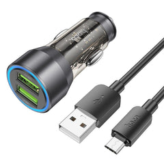 HOCO зарядно за кола 2 x USB A + кабел USB A към Micro USB QC3.0 3A 36W NZ12 прозрачно черно