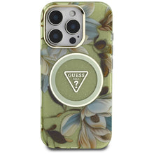 Заредете изображение във визуализатора на галерията – GUESS case for IPHONE 16 Pro compatible with MagSafe GUHMP16LHFLPEDN (IML Metal Glitter Flowers Triangle) green
