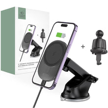 Заредете изображение във визуализатора на галерията – Tech-Protect MM15W-V1 car phone holder with MagSafe 15W inductive charger for cockpit / air vent - black
