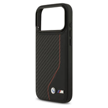 Заредете изображение във визуализатора на галерията – BMW case for IPHONE 17 Pro Max compatible with MagSafe BMHMP17X25PCCSCKR (PU Carbon Line &amp; Logo) red
