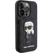 Заредете изображение във визуализатора на галерията – Karl Lagerfeld Saffiano Cardslots and Stand Monogram Ikonik Patch case for iPhone 15 Pro - black
