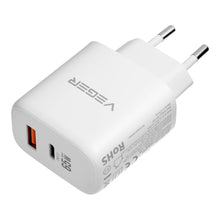 Заредете изображение във визуализатора на галерията – Phone charger VEGER USB A + Typ C PD QC3.0 3,25A 65W + cable USB C to USB C TR67 white
