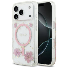 Заредете изображение във визуализатора на галерията – GUESS case for IPHONE 17 Pro compatible with MagSafe GUHMP17LRBFGFGMP (Resin Flowers and Glitter) pink
