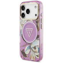 Заредете изображение във визуализатора на галерията – GUESS case for IPHONE 17 Pro compatible with MagSafe GUHMP17LHFLPEDU (IML Metal Glitter Flowers Triangle) purple
