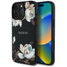 Заредете изображение във визуализатора на галерията – GUESS case for IPHONE 16 Pro Max compatible with MagSafe GUHMP16XPGNMPLMK (PU Grained Flowers Classic Logo) black
