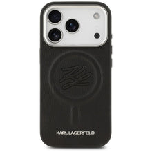 Заредете изображение във визуализатора на галерията – KARL LAGERFELD case for IPHONE 17 Pro compatible with MagSafe KLHMP17LPGFKLRDK (PU W/ Initial &amp; Metal Logo) black
