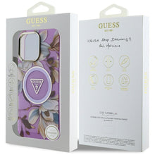 Заредете изображение във визуализатора на галерията – GUESS case for IPHONE 16 Pro Max compatible with MagSafe GUHMP16XHFLPEDU (IML Metal Glitter Flowers Triangle) purple
