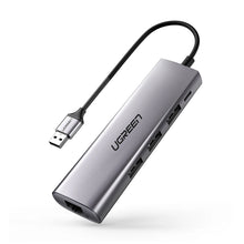 Заредете изображение във визуализатора на галерията – Ugreen CM266 60812 5in1 USB-A 3.0 - RJ45 / 3x USB-A 3.0 / micro USB adapter - gray
