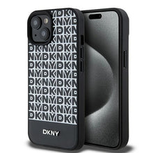 Заредете изображение във визуализатора на галерията – Original Case DKNY hardcase Leather Printed Pattern Metal Logo MagSafe DKHMP15SPSOSPK for Iphone 15/14/13 black

