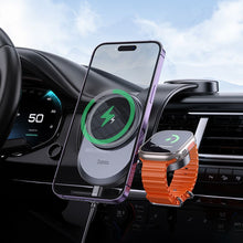 Заредете изображение във визуализатора на галерията – HOCO car holder with wireless charging 2in1 for center console compatible with Apple Watch 15W HW28 black gray
