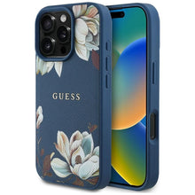 Заредете изображение във визуализатора на галерията – GUESS case for IPHONE 16 Pro Max compatible with MagSafe GUHMP16XPGNMPLMB (PU Grained Flowers Classic Logo) blue
