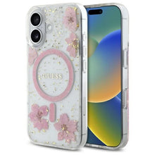 Заредете изображение във визуализатора на галерията – GUESS case for IPHONE 16 compatible with MagSafe GUHMP16SRBFGFGMP (Resin Flowers and Glitter) pink
