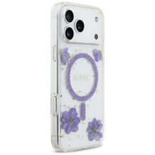 Заредете изображение във визуализатора на галерията – GUESS case for IPHONE 17 Pro Max compatible with MagSafe GUHMP17XRBFGFGMU (Resin Flowers and Glitter) purple
