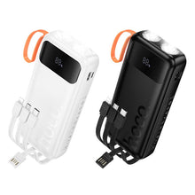 Заредете изображение във визуализатора на галерията – Powerbank Hoco 20000 mAh 2A with built-in cables USB A + USB C+ Lightning + Micro USB and double light J151A black

